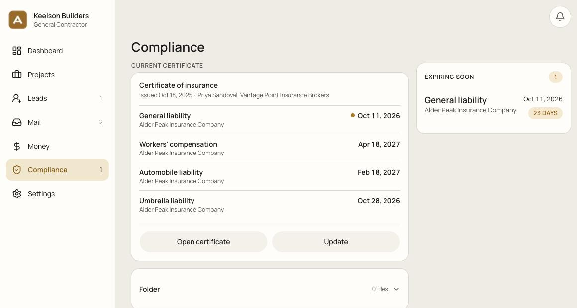 An insurance compliance list with one certificate flagged as expiring in twenty-three days.