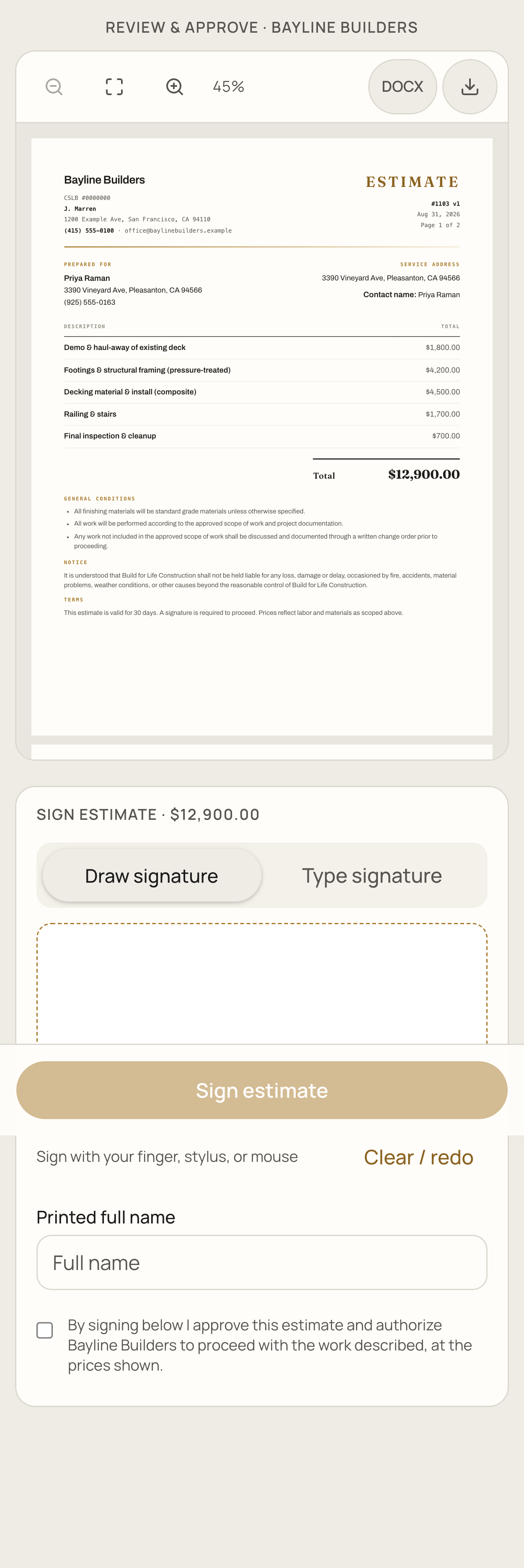 A homeowner signing an estimate on a phone with a finger.
